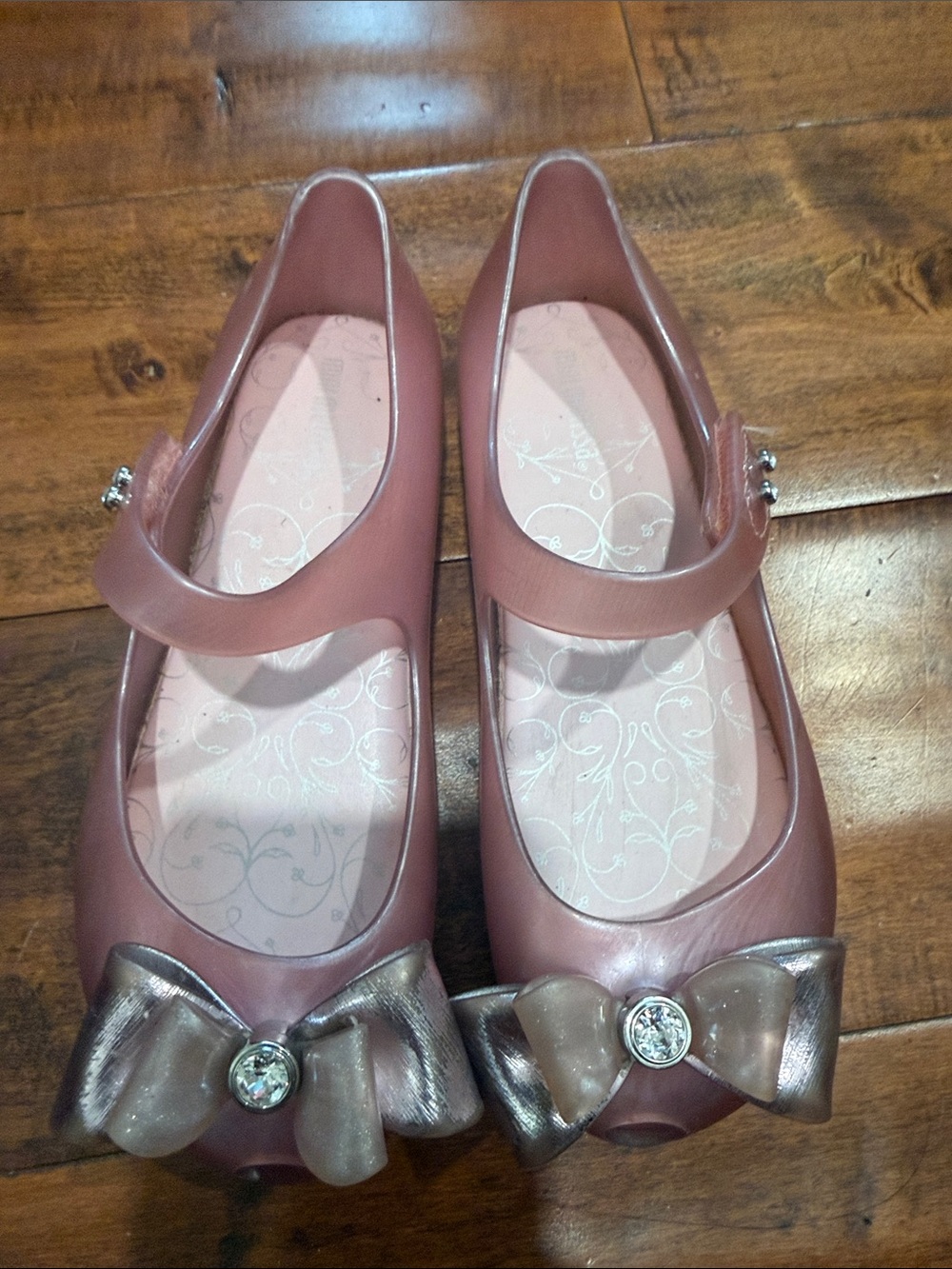 Mini Melissa Dusty Rose Bow Mary Jane Dress Shoes with Rhinestone